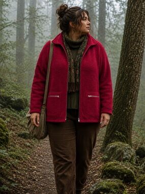 90’s Vintage Crimson Red Boiled Wool Lightweight Knit Zip Up Chic Long Coat